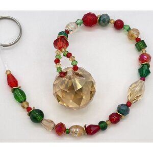 Beaded Christmas Suncatcher Red Green Gold Crystal Prism Hanging Patio Decor